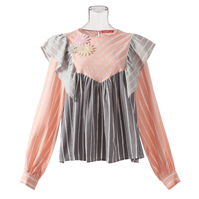 COTTON STRIPE EMBROIDERY PATCHWORK　ブラウス　 詳細画像 グレー系マルチ 1