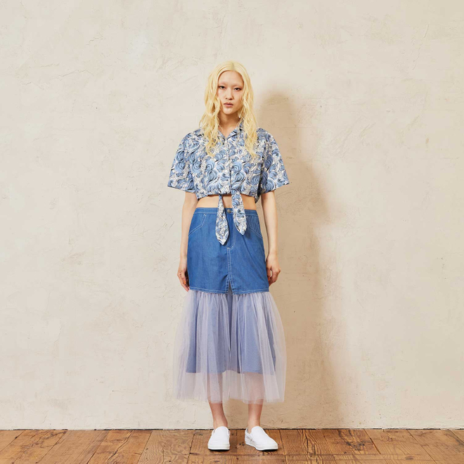 【期間限定】SEA WAVE PRINT ON COTTON　ブラウス 詳細画像 ブルー 1