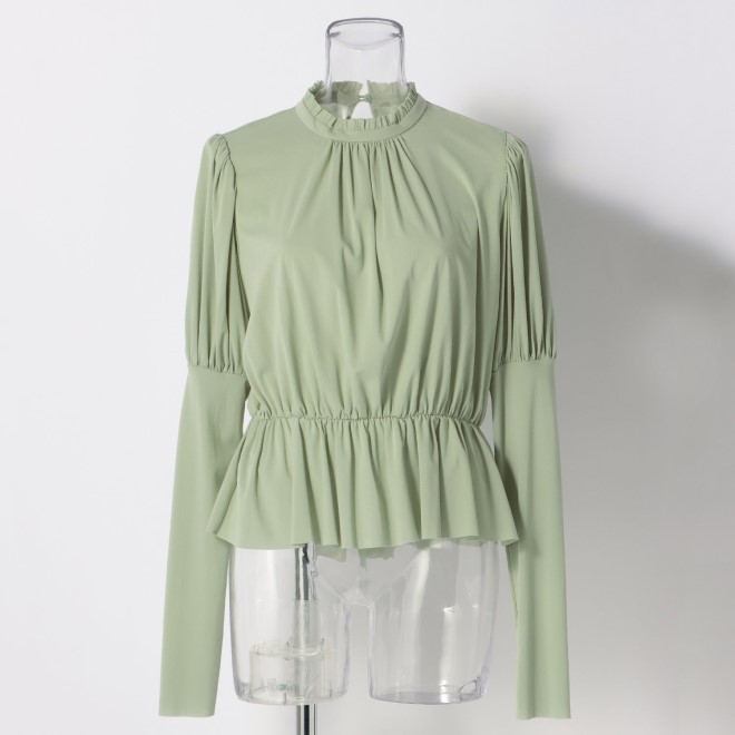 SOLID NETTING GATHER PUFF SLEEVE BLOUSE　ブラウス 詳細画像 グリーン 1