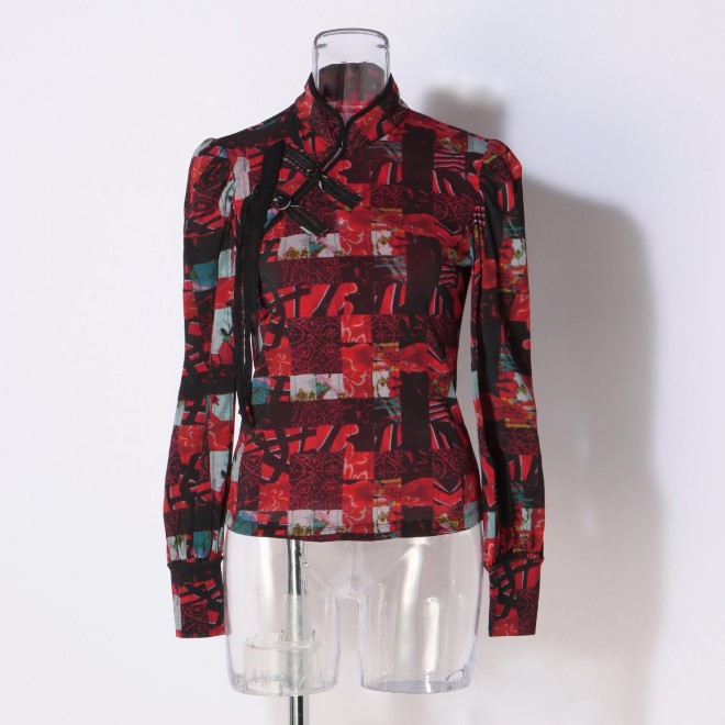 PATCHWORK WEAVE PRINT STRETCH NETTING　ブラウス 詳細画像 赤系マルチ 1