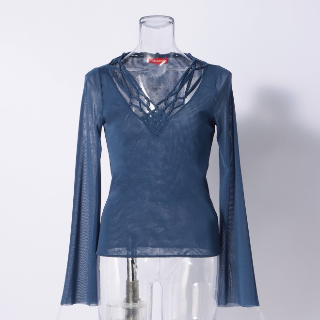【期間限定】SOLID STRETCH NETTING　ブラウス 詳細画像 ブルー 1