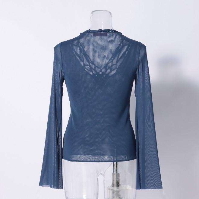 【期間限定】SOLID STRETCH NETTING　ブラウス 詳細画像 ブルー 3