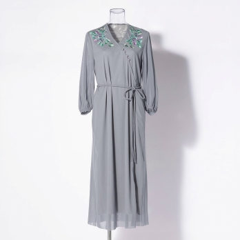 LARGE FLOWER EMBROIDERY WRAP STYLE DRESS 詳細画像