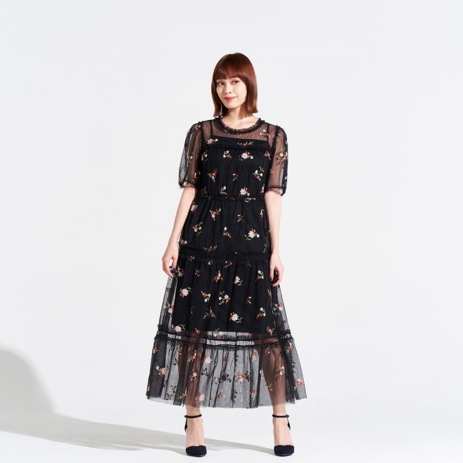 【期間限定】PIXELATED FLORAL EMBROIDERY　ドレス 詳細画像 ブラック 1