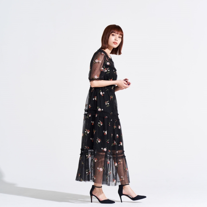 【期間限定】PIXELATED FLORAL EMBROIDERY　ドレス 詳細画像 ブラック 3