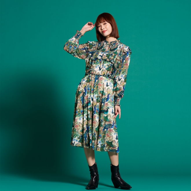 PEACOCK COURTYARD CHINOISERIE PRINT ON NETTING ドレス 
