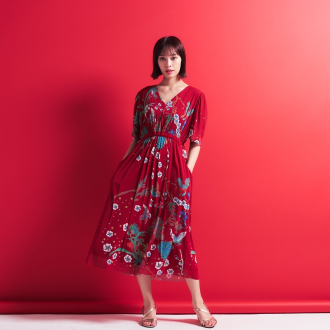 PLUM PRINT ON STRETCH NETTING　ドレス 詳細画像 レッド 1