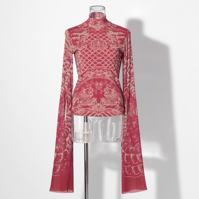 【COMING SOON】Opera shadow print on stretch net ブラウス 詳細画像 赤系マルチ 5