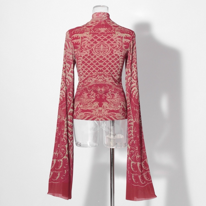 【COMING SOON】Opera shadow print on stretch net ブラウス 詳細画像 赤系マルチ 7