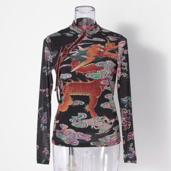 Ceramic dragon print on stretch net ブラウス 詳細画像