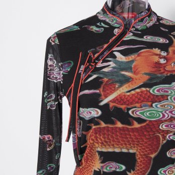 Ceramic dragon print on stretch net ブラウス 詳細画像