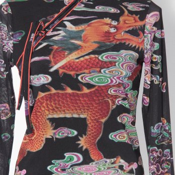 Ceramic dragon print on stretch net ブラウス 詳細画像