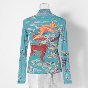 Ceramic dragon print on stretch net ブラウス 詳細画像