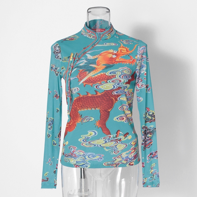 Ceramic dragon print on stretch net ブラウス