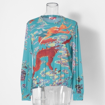 Ceramic dragon print on stretch net ブラウス 詳細画像