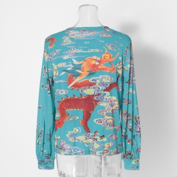 Ceramic dragon print on stretch net ブラウス 詳細画像