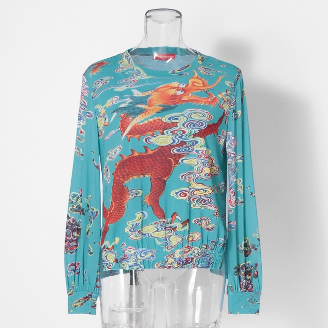 Ceramic dragon print on stretch net ブラウス 詳細画像 ブルー系マルチ 1