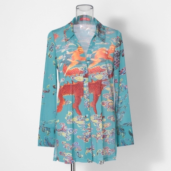Ceramic dragon print on stretch net ブラウス 詳細画像