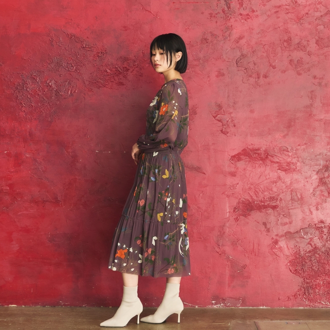 Floral inlay print on net ブラウス 詳細画像 パープル系マルチ 2