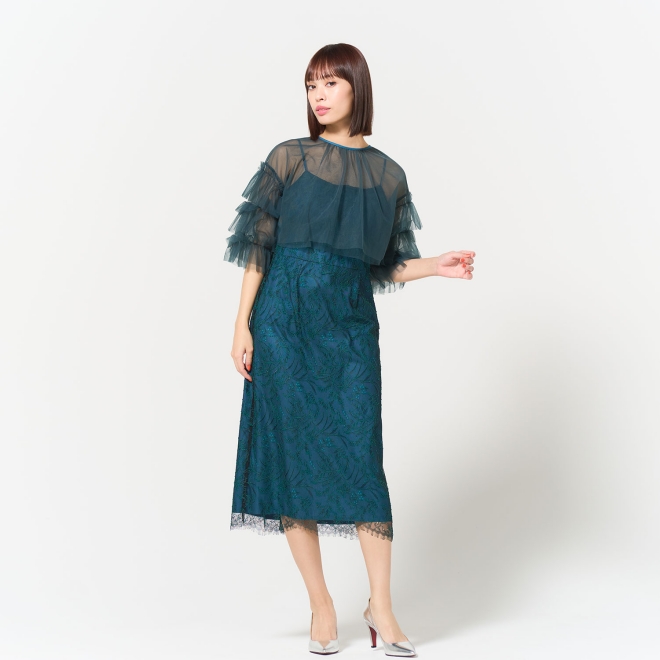 【DRESS COLLECTION】チュールフリルブラウス×レースドレス 詳細画像 グリーン 1