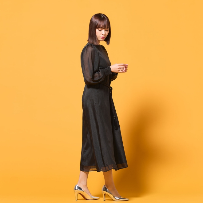 【DRESS COLLECTION】ベルト付シアースリーブドレス 詳細画像 ブラック 4