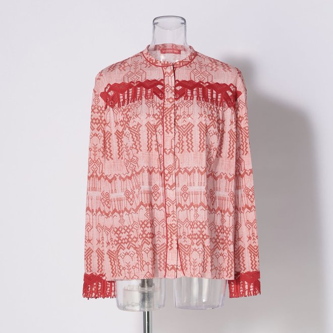 Deer print on stretch netting ブラウス 詳細画像 レッド 1