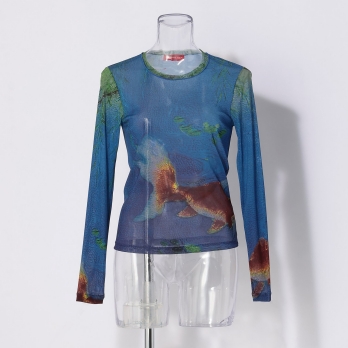 【COMING SOON】Gold fish printed on stretch net ブラウス