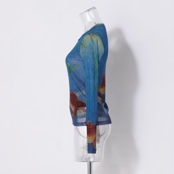 【COMING SOON】Gold fish printed on stretch net ブラウス 詳細画像
