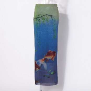 【COMING SOON】Gold fish printed on stretch net スカート