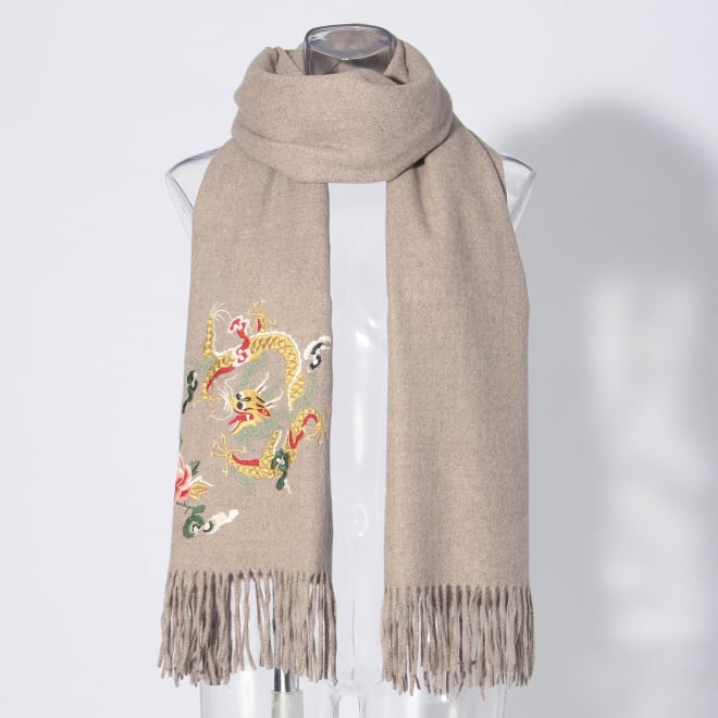 Cashmere touch stole with dragon embroidery 詳細画像 ブラウン 1