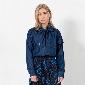 Denim bowtie blouse with dragon embroidery