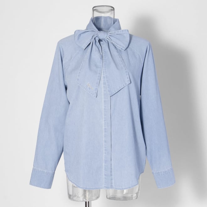 Denim bowtie blouse with dragon embroidery 詳細画像 ライトブルー 1