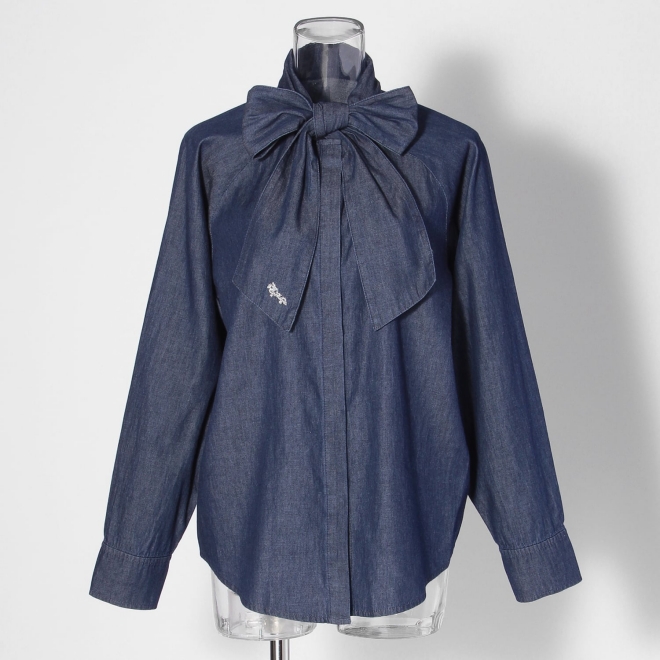 Denim bowtie blouse with dragon embroidery 詳細画像 ネイビー 5