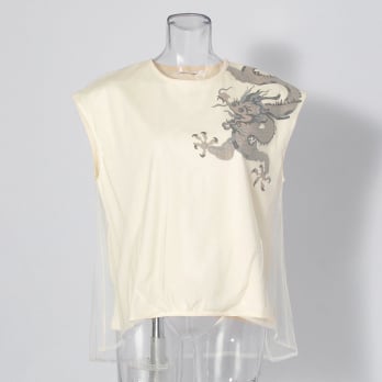 【COMING SOON】tulle overlay dragon print カットソー 詳細画像