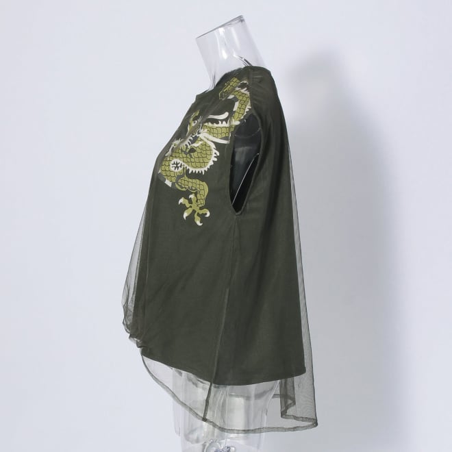 【COMING SOON】tulle overlay dragon print カットソー 詳細画像 カーキ 2