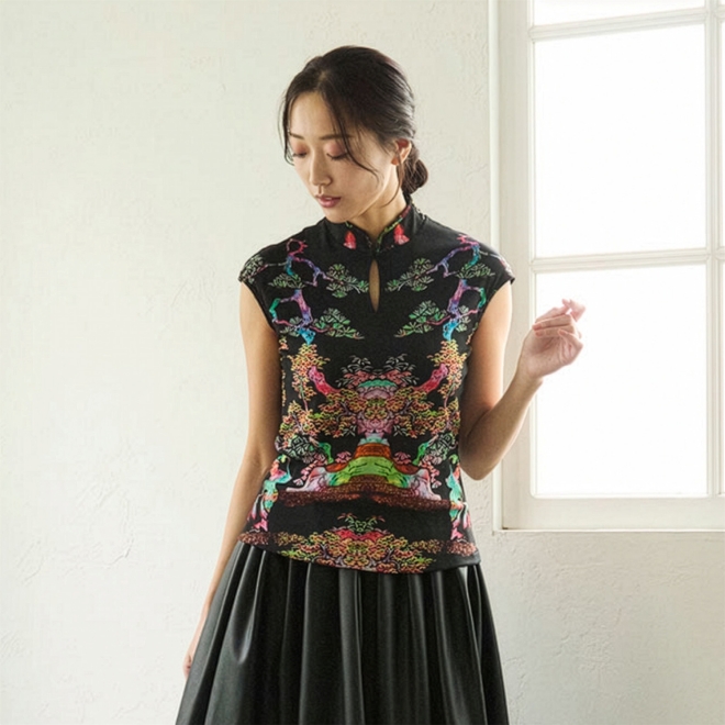 【COMING SOON】Bonsai pearl Inlaid print net ブラウス