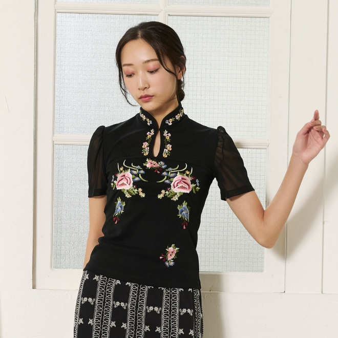 【COMING SOON】Multi flower embroidery on stretch net ブラウス 詳細画像 黒系マルチ 1