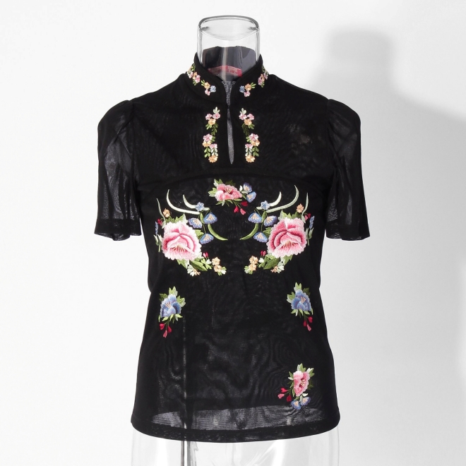 【COMING SOON】Multi flower embroidery on stretch net ブラウス 詳細画像 黒系マルチ 5